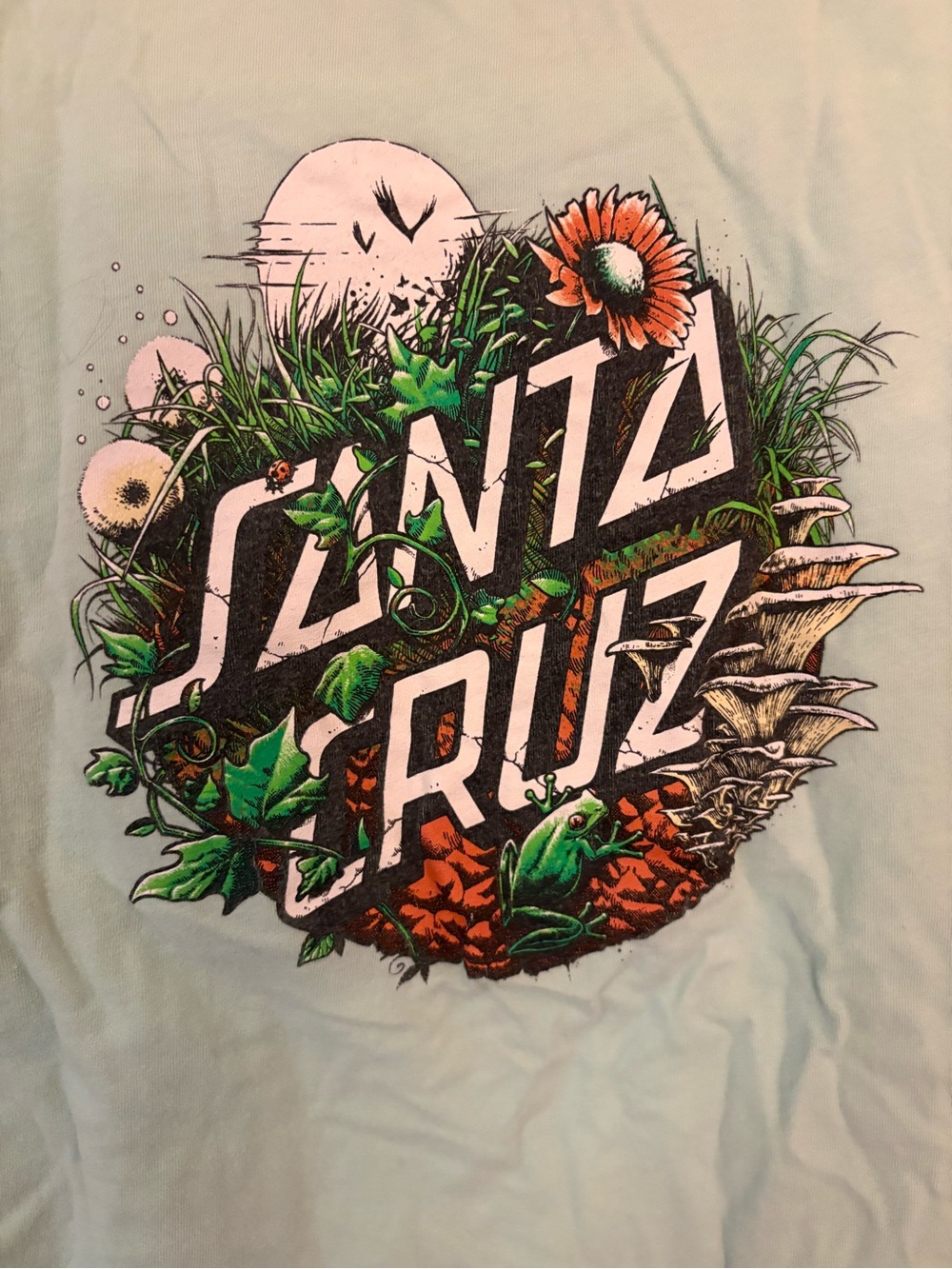 Santa Cruz Graphic Tee with Green Floral Design PNW Mushrooms Frogs